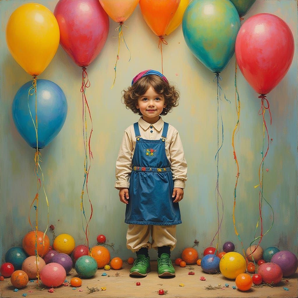Young Boy in Whimsical Balloon Wonderland with Jewish Folk A...