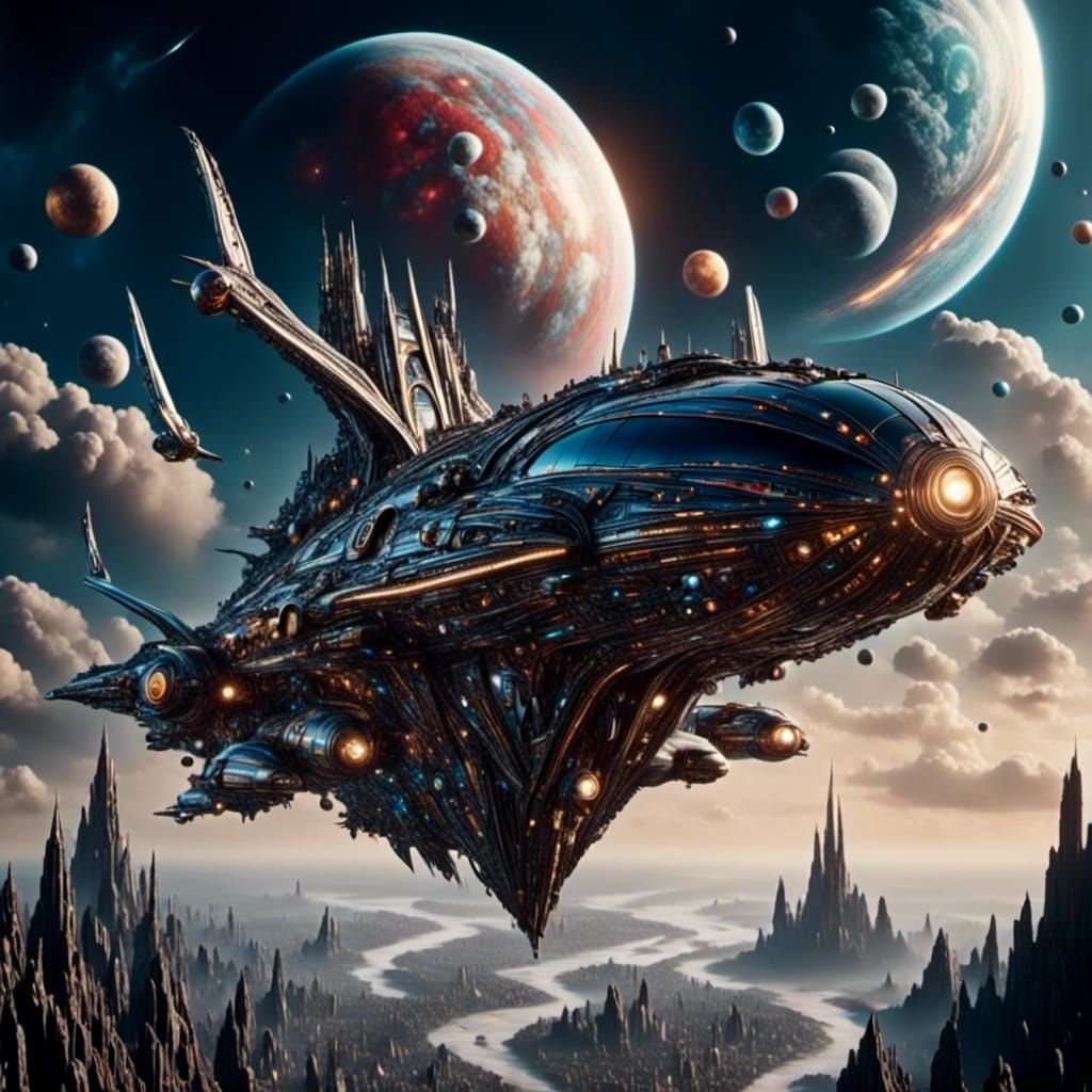 Steampunk Star Batship Orbiting Saturn