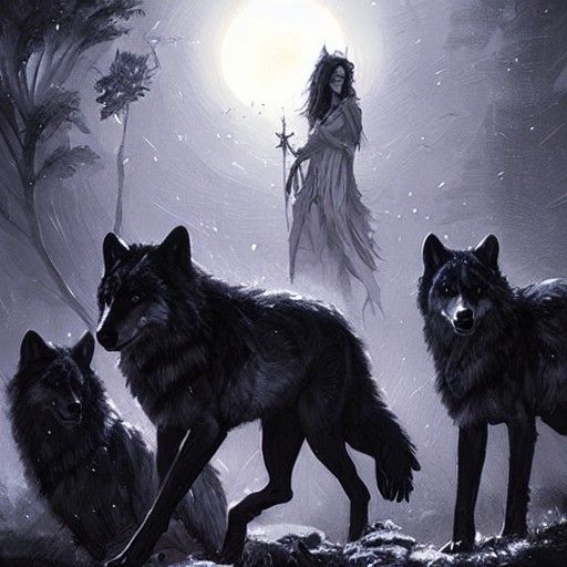 Night Goddess with Wolves: Sinister Artwork