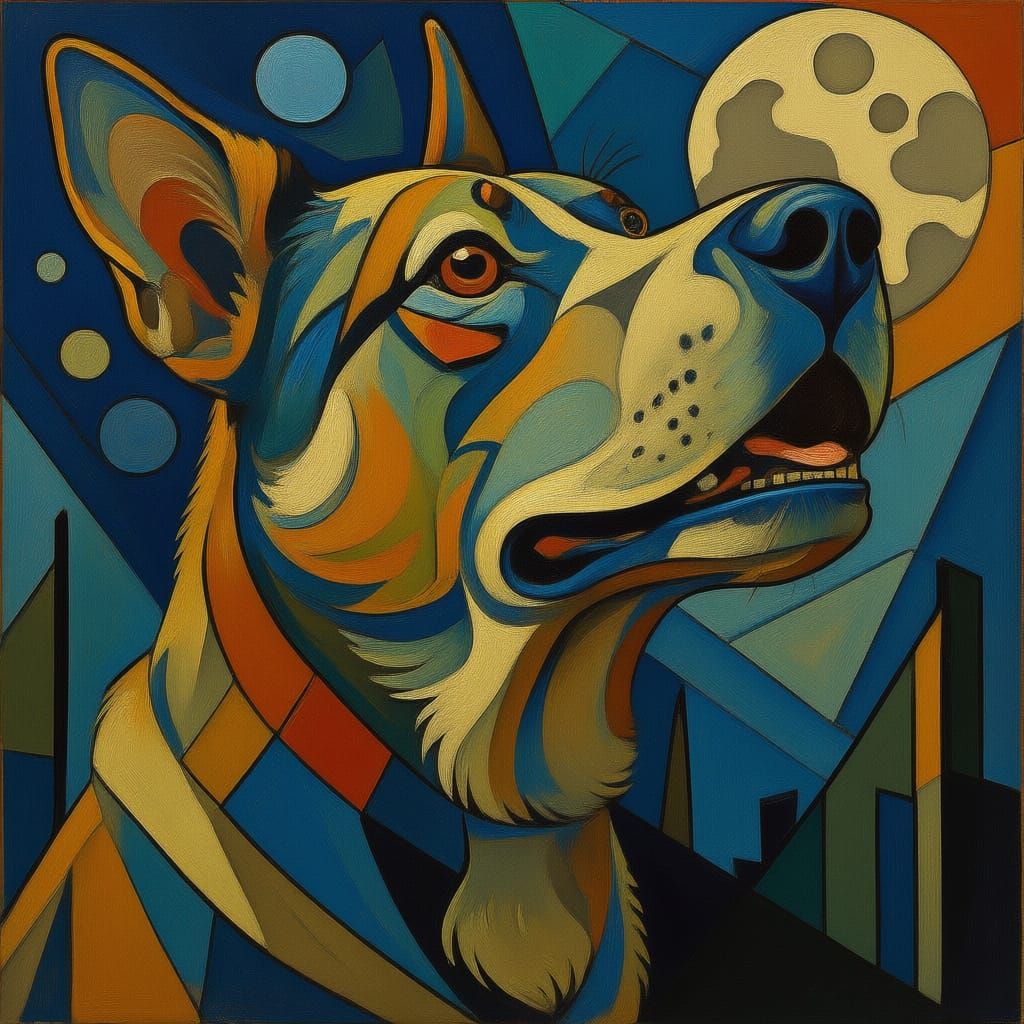 Cubist Dog Howling at Moon, Picasso Style