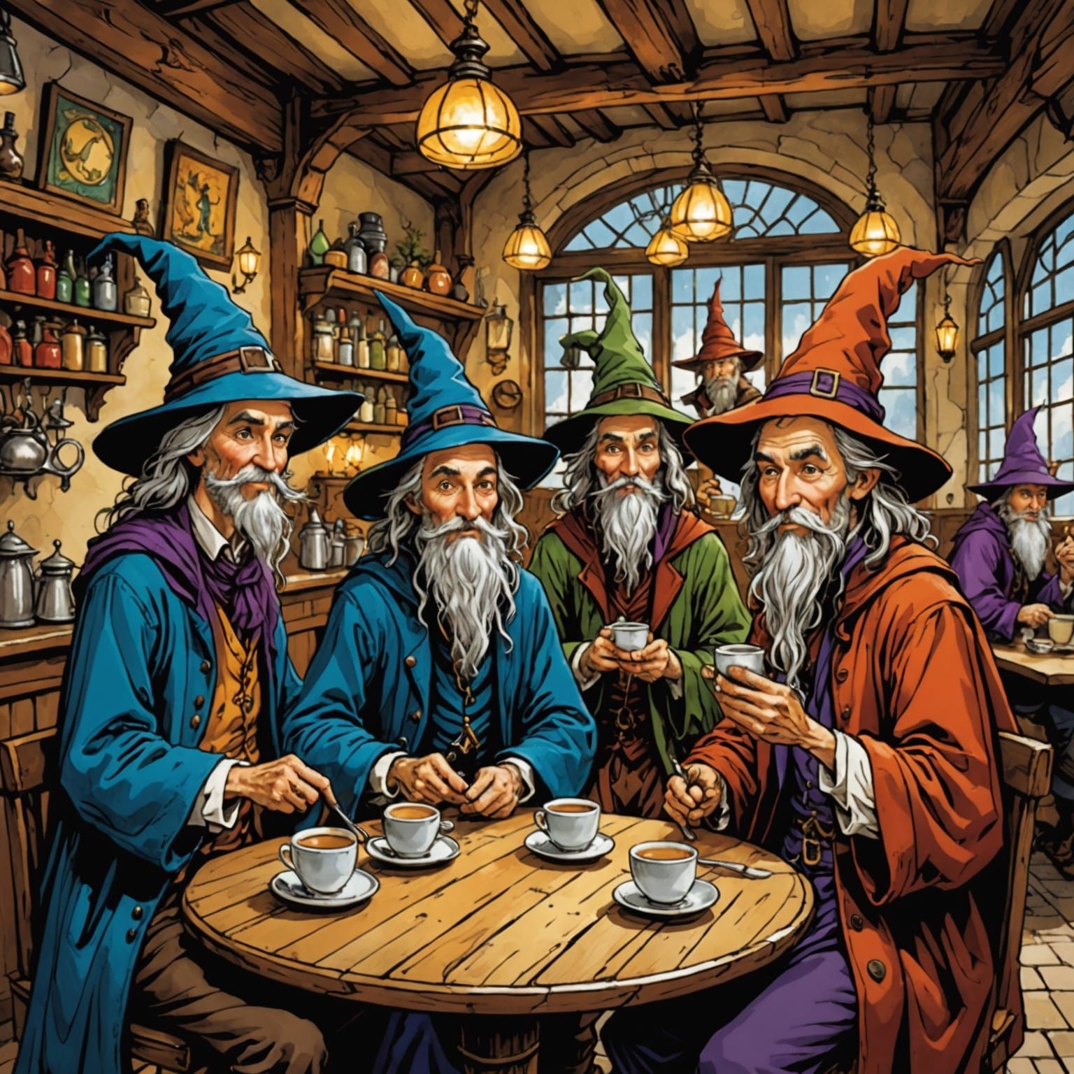 Whimsical Wizards Gather in a Cheerful Cafe