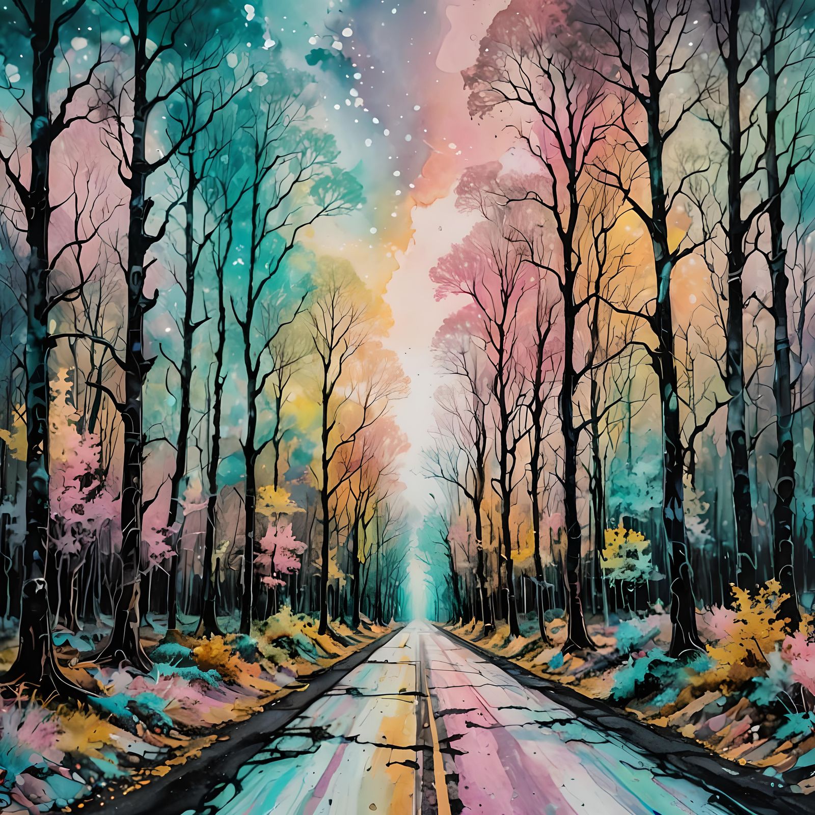 Pastel Forest Road in Post-Apocalyptic Double Exposure