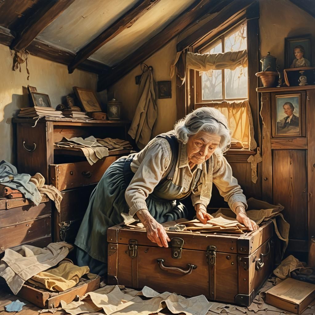 Vintage Attic Scene in Whimsical Oil Painting Style