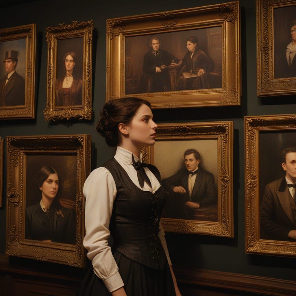 Steampunk Woman Gazing at Art in Museum