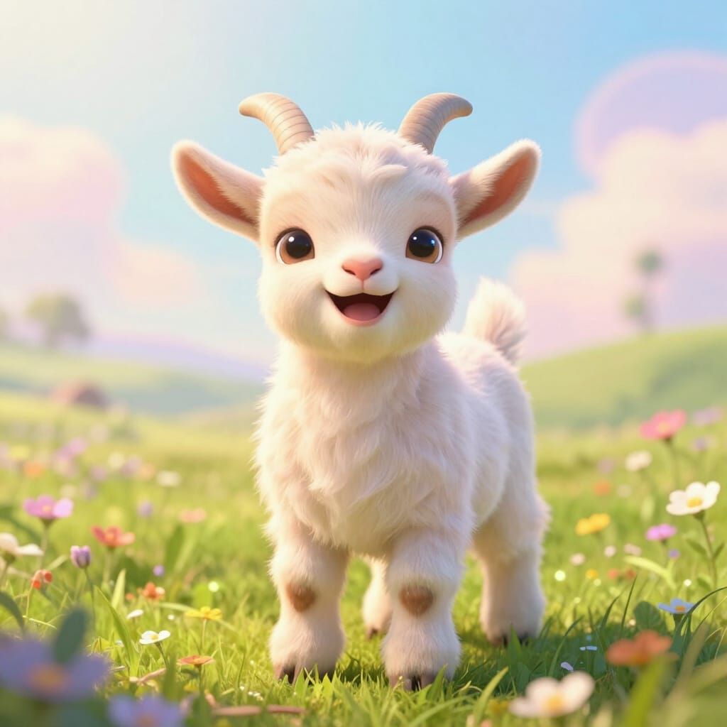 Happy Baby Goat in Dreamy Fairytale Meadow