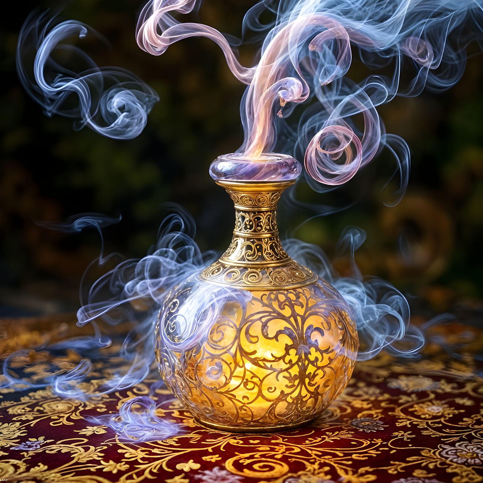 Enchanting Genie Rises from Antique Bottle in Lavender and A...