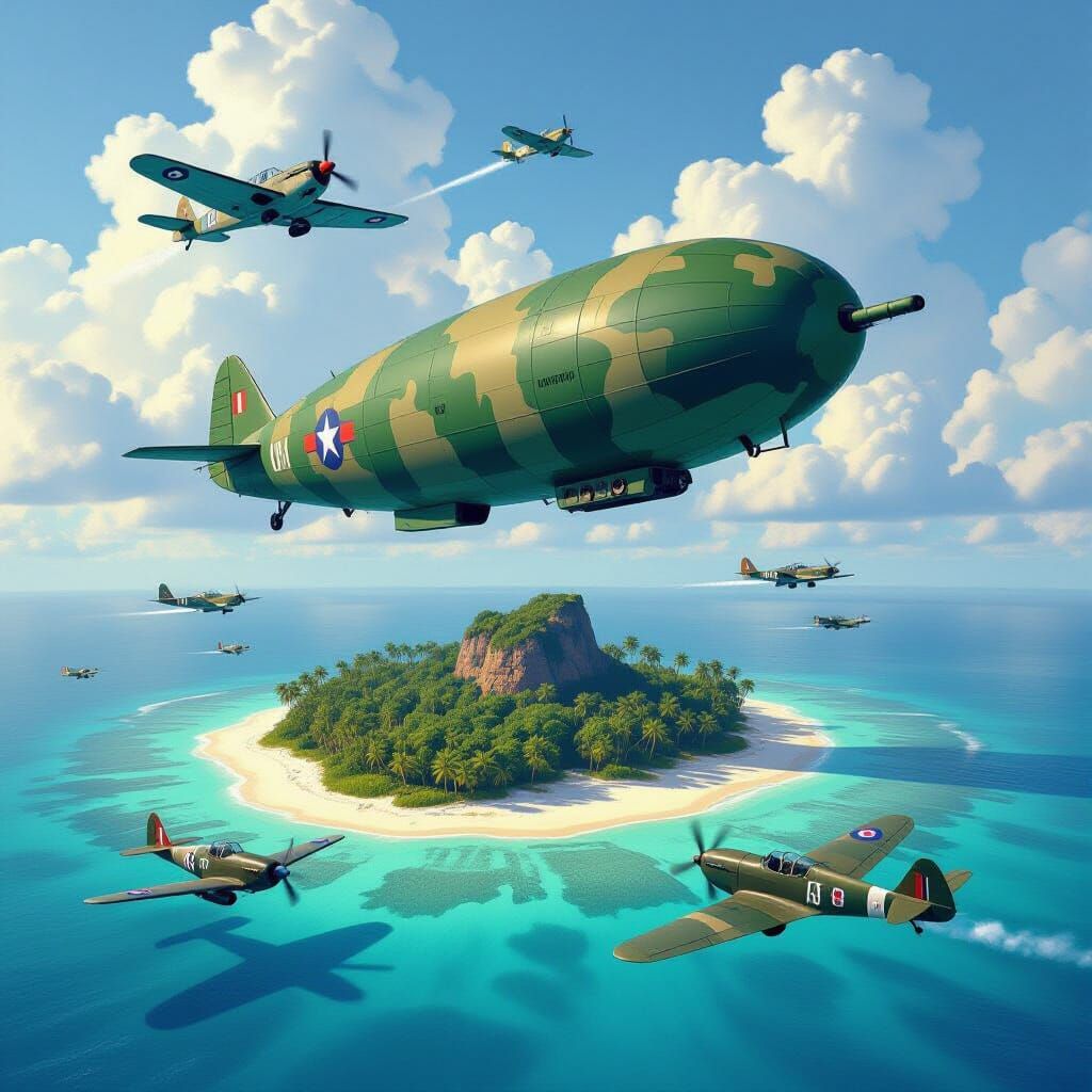 WW2 Airplanes Dogfight Over Tropical Island Below Army Blimp