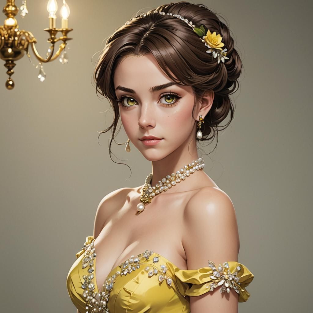 "A brazilian green eyed, brunette that’s brown hair is put up in a up do, wearing yellow prom dress with pearl jewellery...