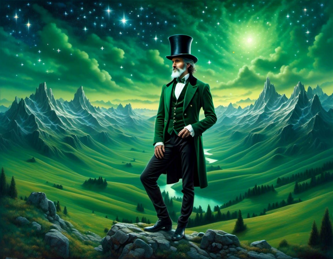 Elegant Man in Green Suit in Fantasy Landscape