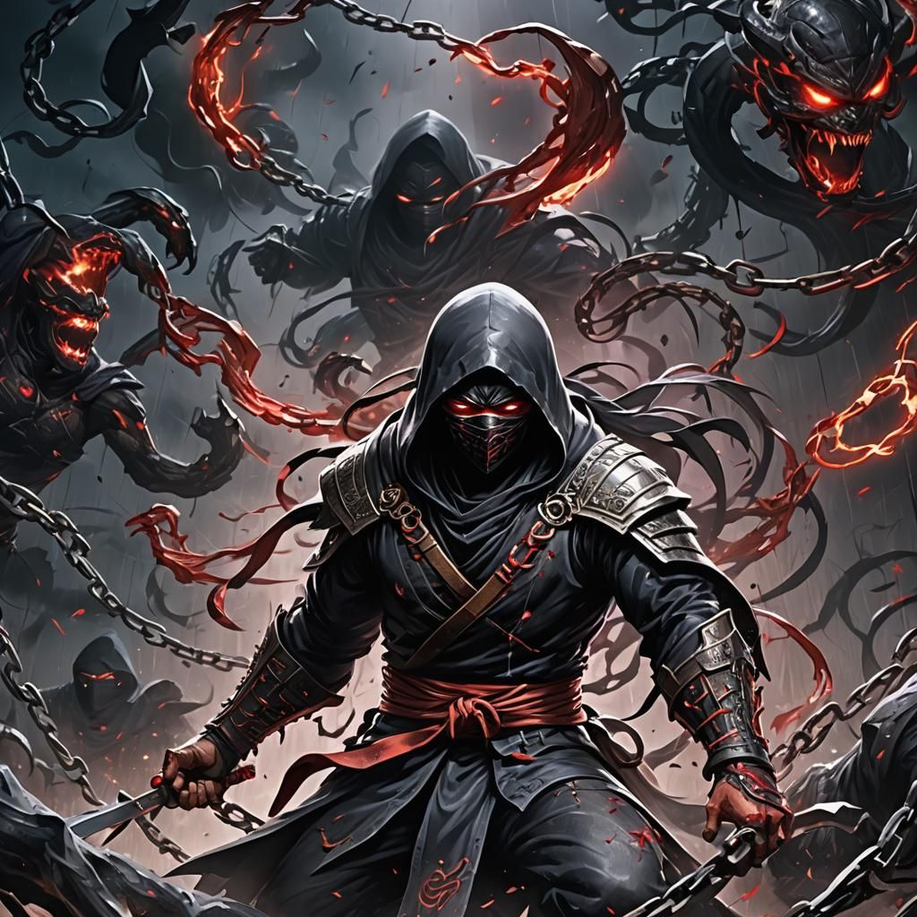 A shrouded spirit ninja gaiden hooded figure engulfed in dar...