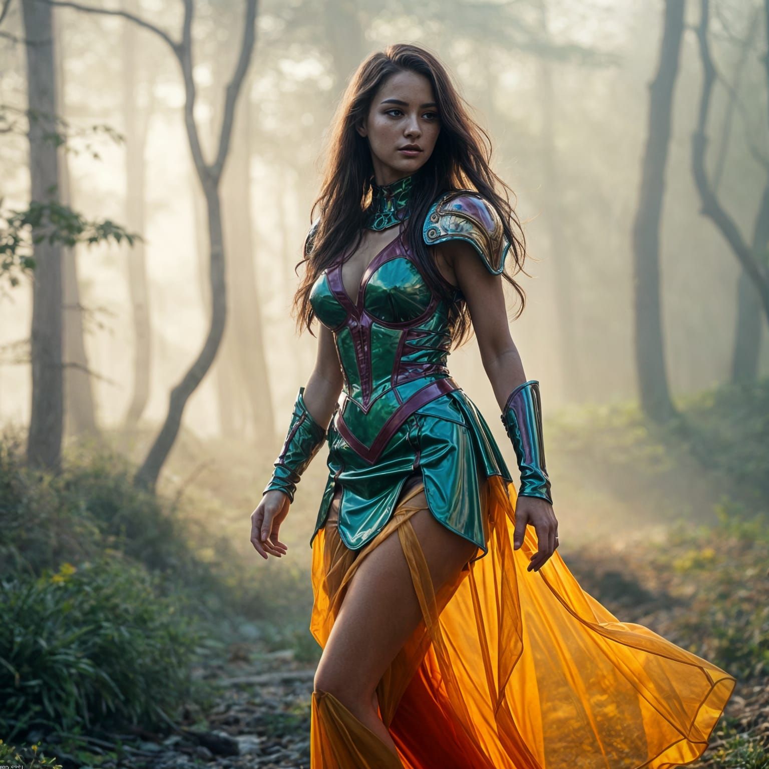 Hyperrealistic Woman in Colorful Armor Dress