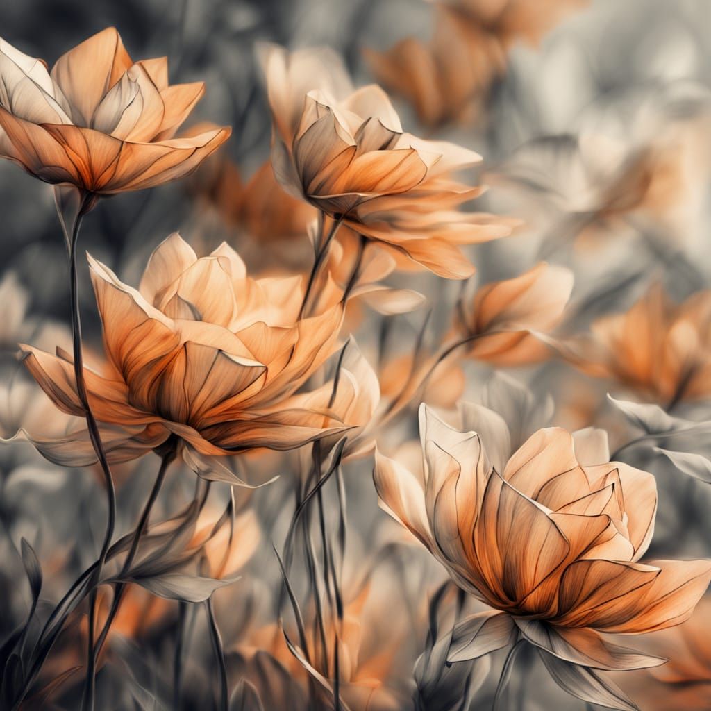 Flowers in Wind: Hyperdetailed Charcoal Drawing