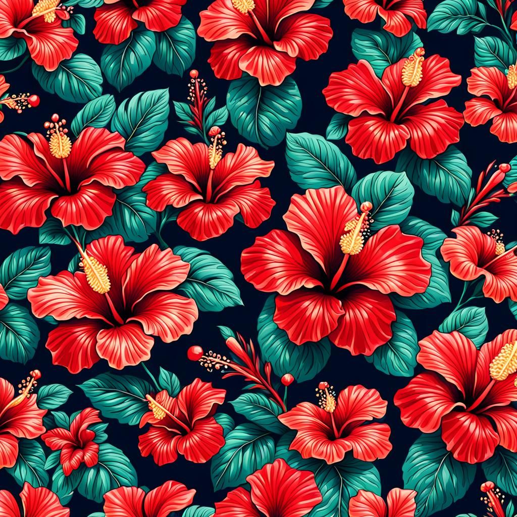 Vibrant Red Hibiscus Flowers Repeating Pattern