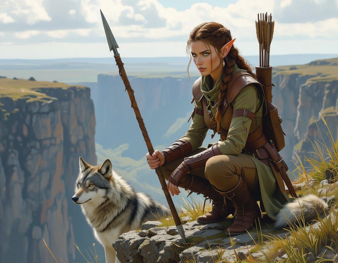 Elf Ranger and Wolf Companion in Matte Painting Style