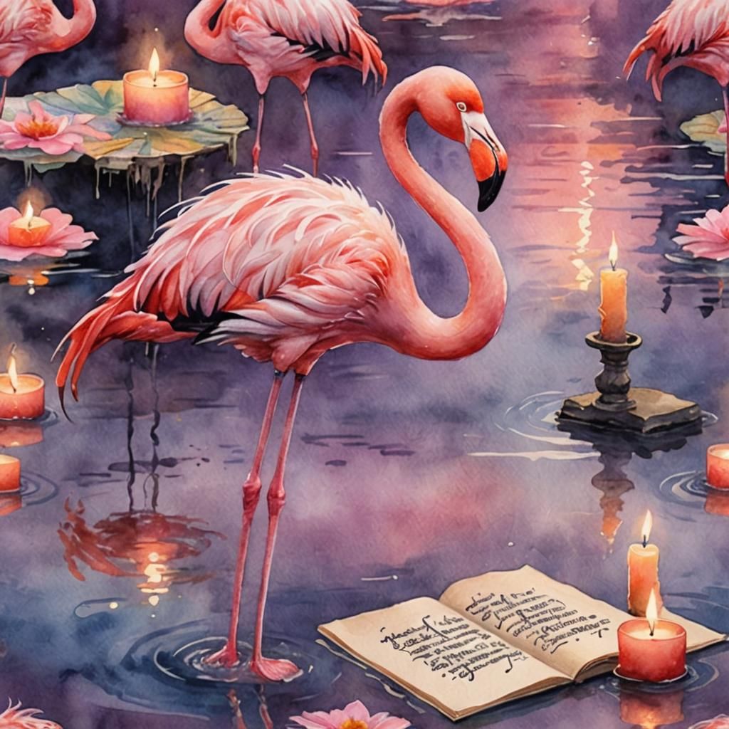 Pink Flamingo Over Lake in Whimsical Watercolor