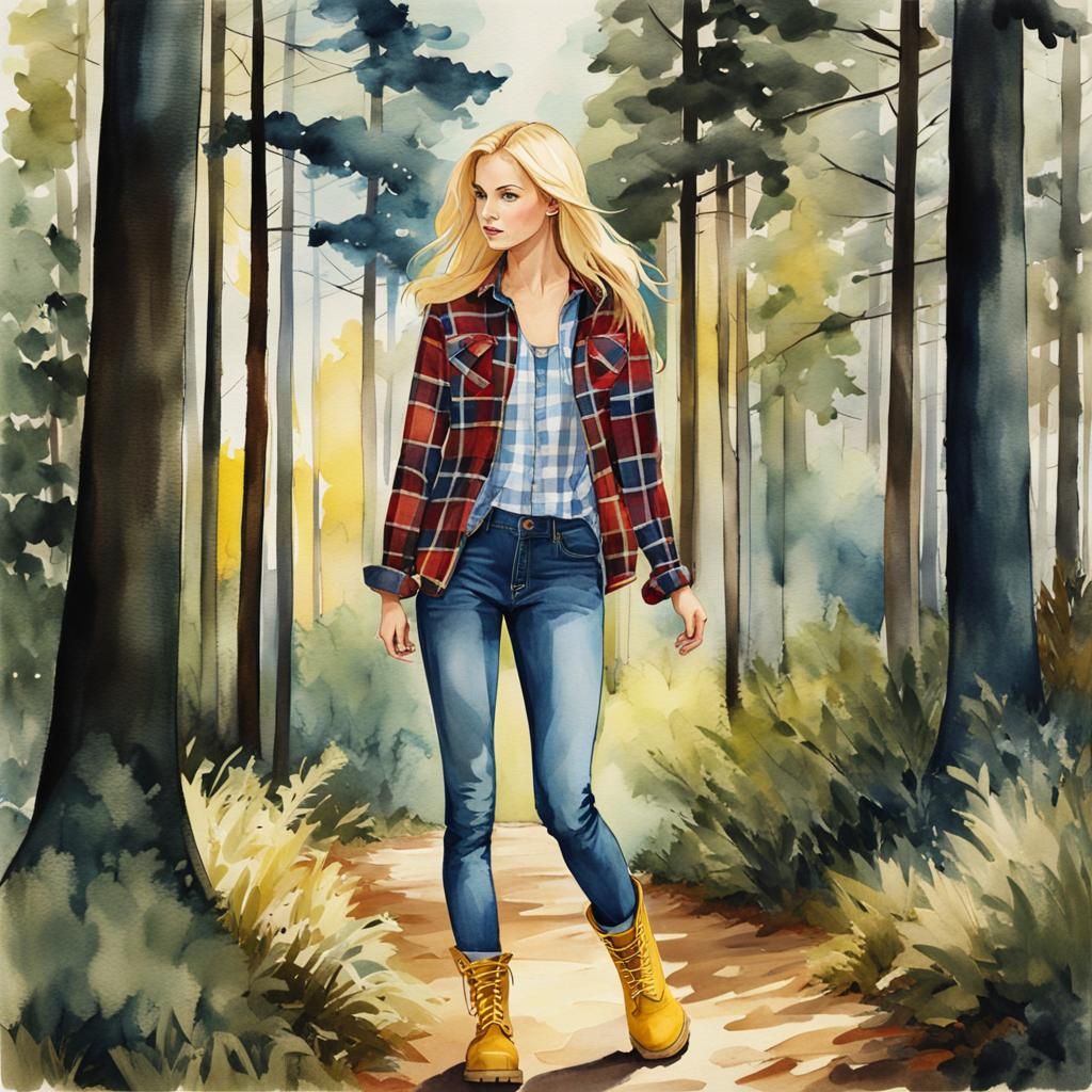 Girl Walking Through Woods in Watercolor Style