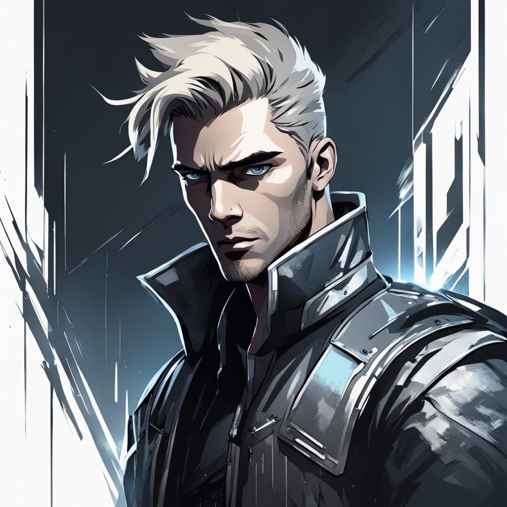 Male model with icy blue eyes, angular features, and short faded ash-blonde hair. Wears a long mesh shirt under a charco...