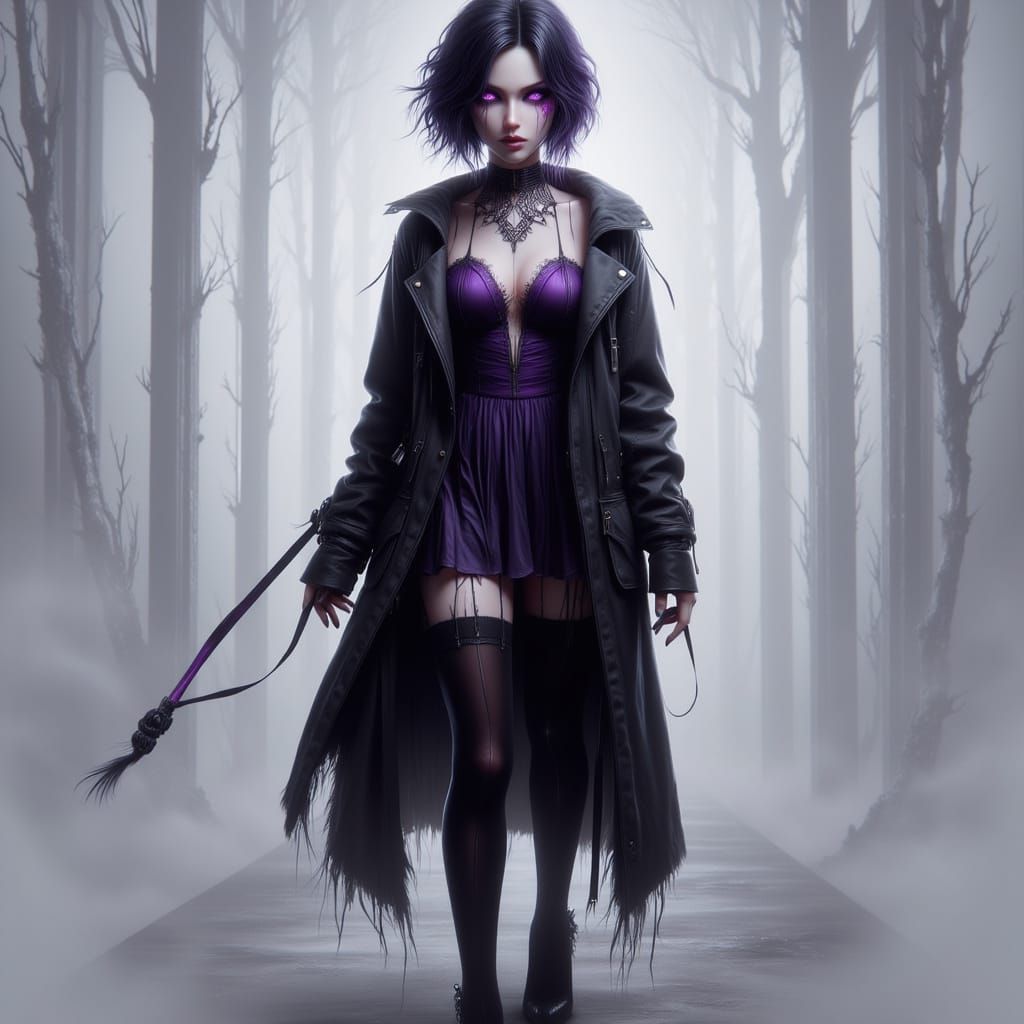 Gothic Girl with Purple Hair in Dramatic Lighting