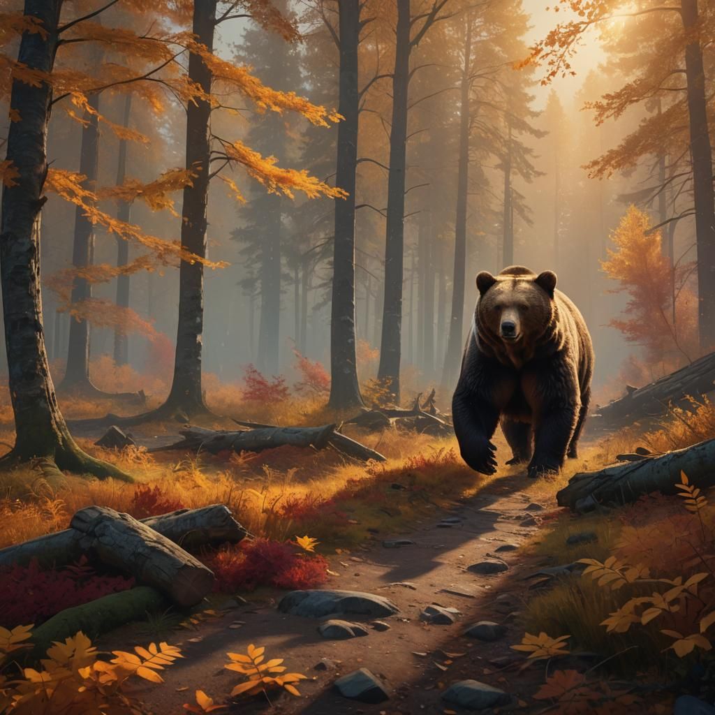 Tall Bear in Autumnal Fantasy Landscape