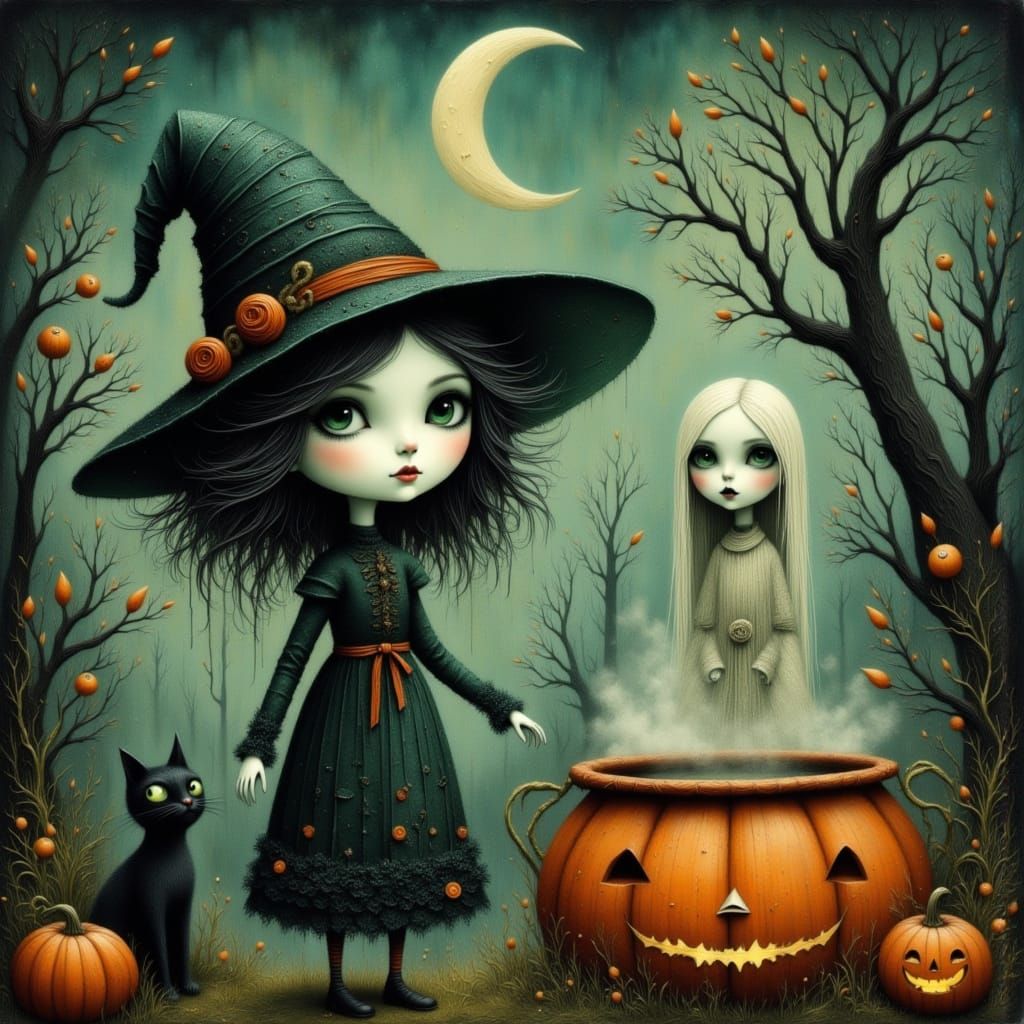 Halloween Witch Casting Spell in Spooky Forest