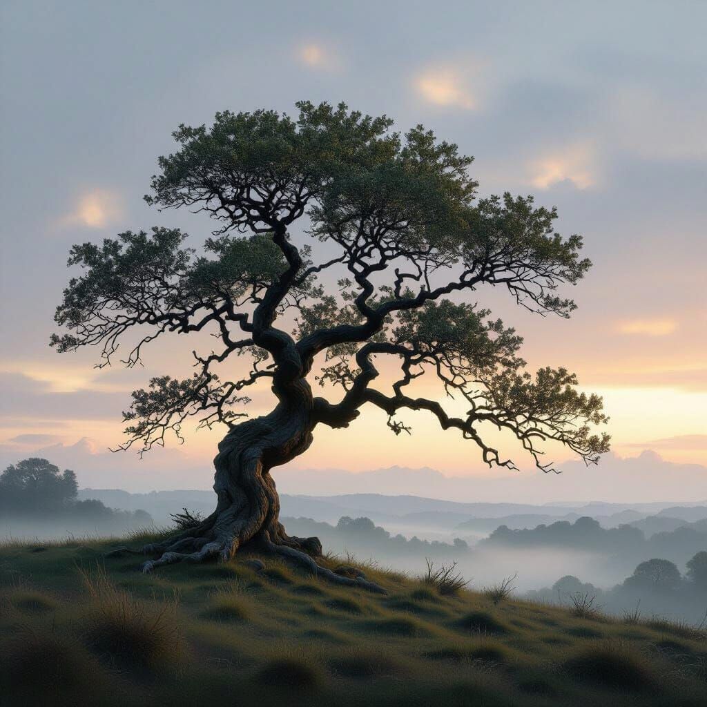 Ancient Oak on Windswept Hill at Twilight
