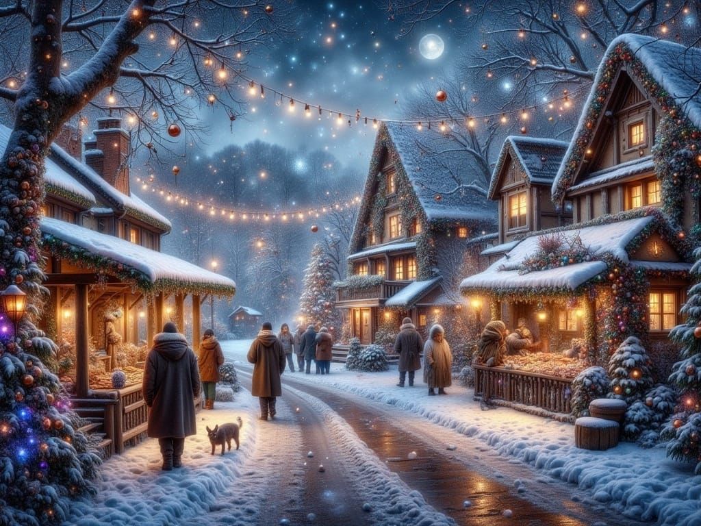 Winter Wonderland Village Scene in Mystical Style