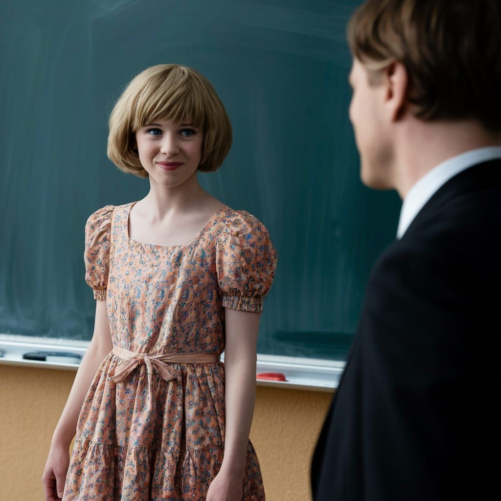 Boy in Dress Stands Before Blackboard