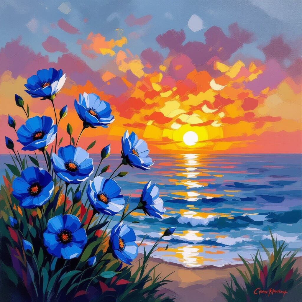 Blue Flowers at Sunset in Impasto Gouache Style