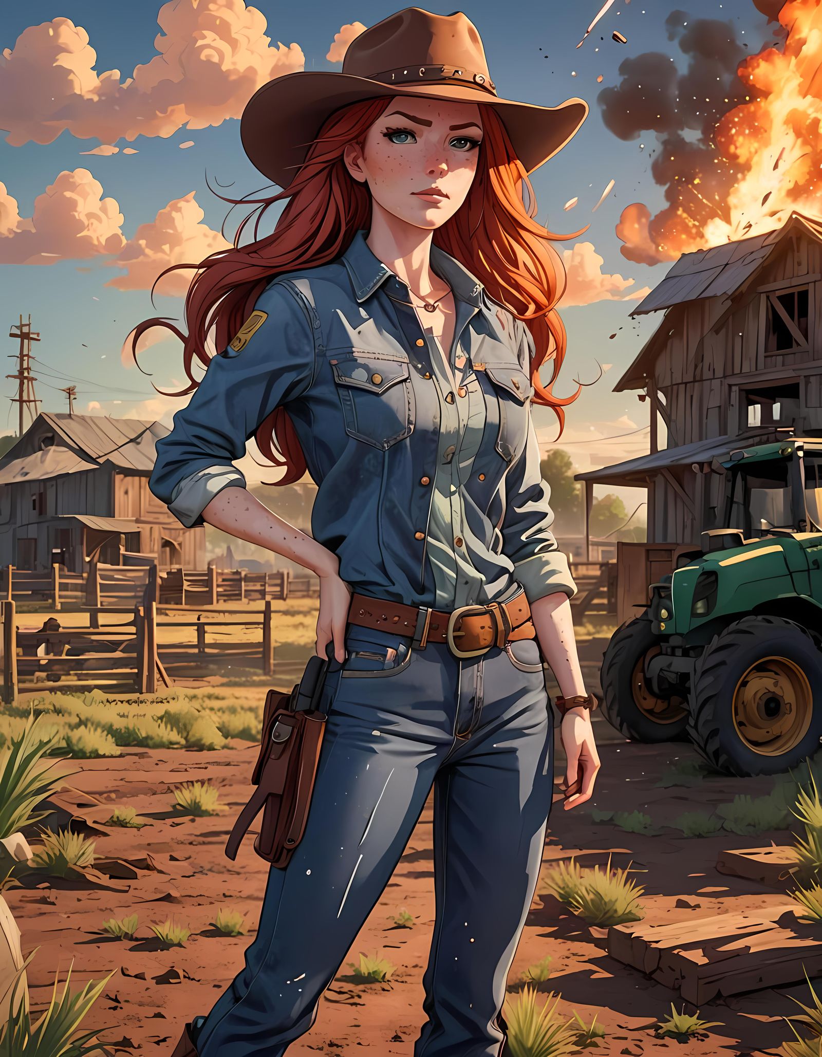 Redhead Cowgirl With Farm Explosion, Anime Style