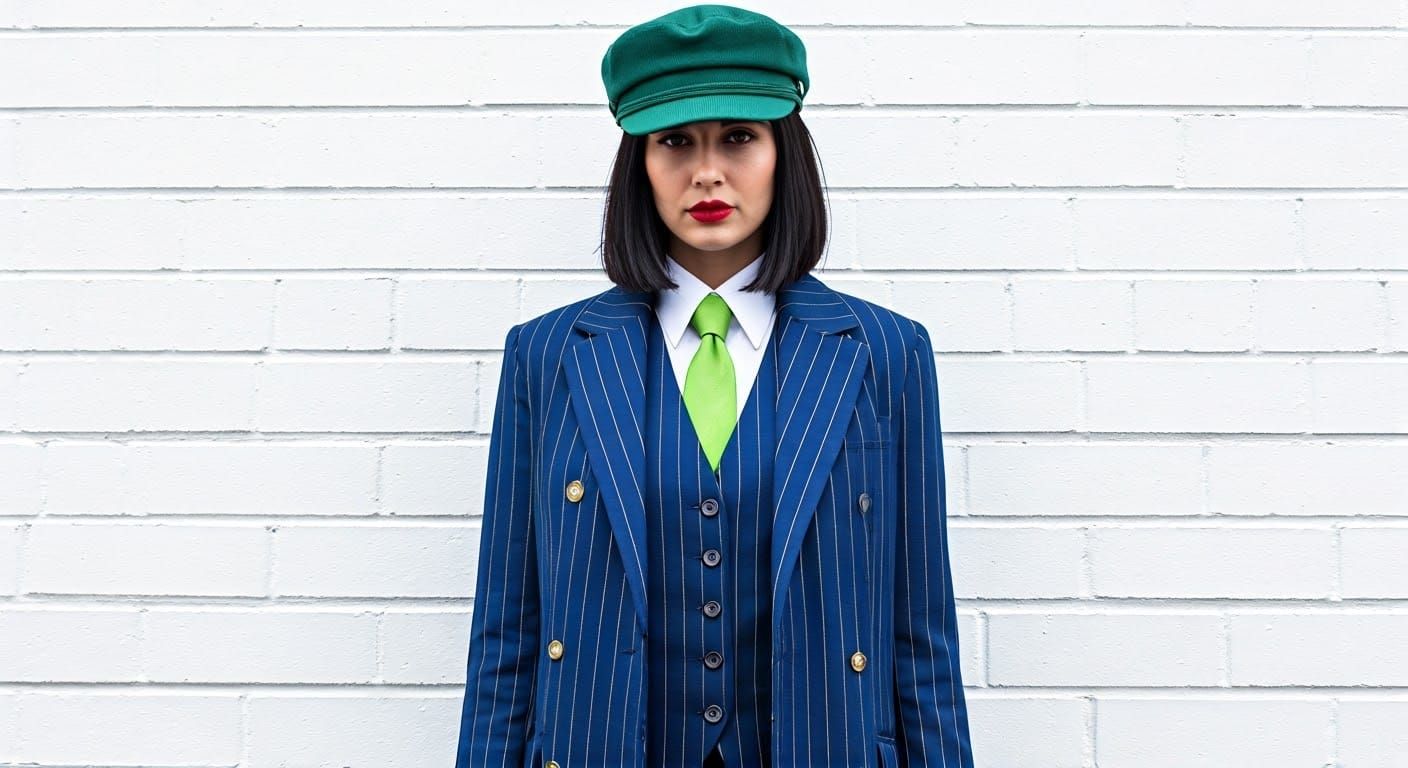 Sophisticated Mod Woman in Pinstripes and Green Cap