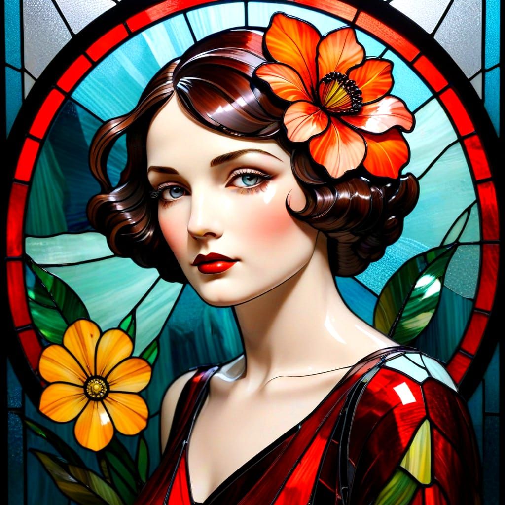 Glamorous Art Deco Lady Among Vibrant Blooms