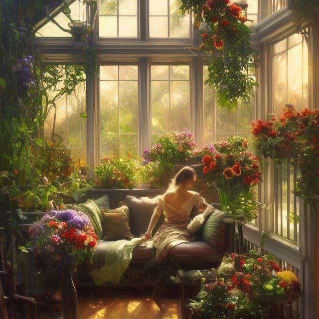 Cozy Cottage Sunroom: Hyper-Detailed Oil Painting