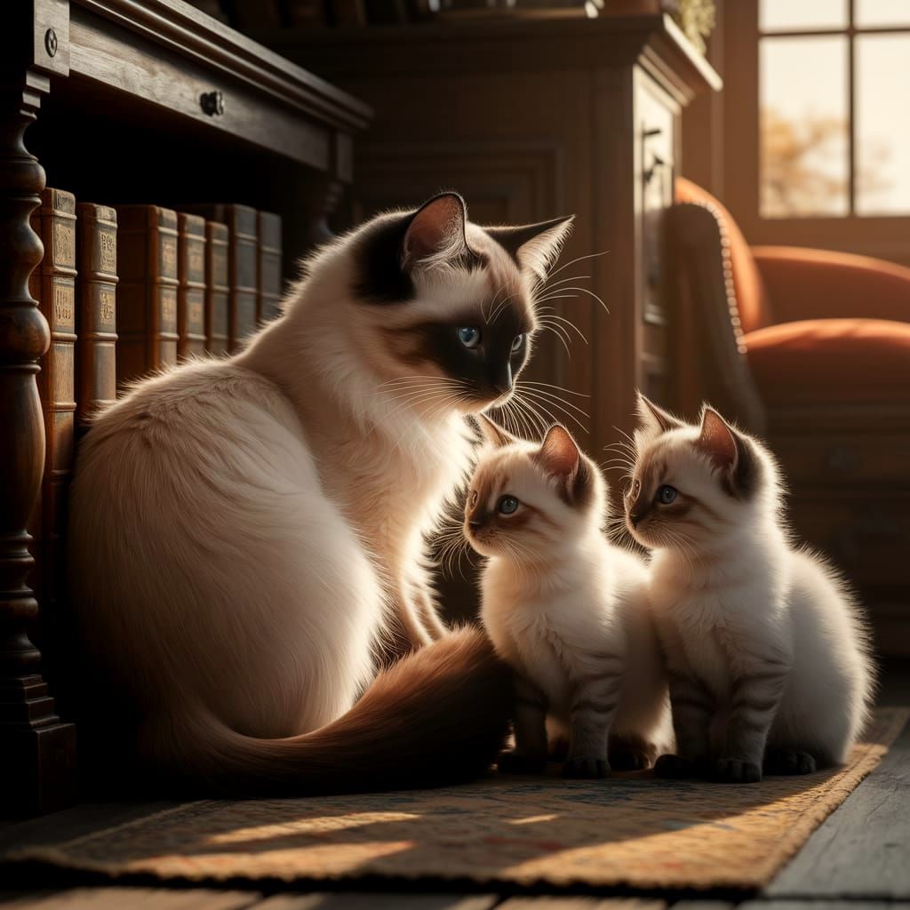 Elegant Siamese Cat and Kittens in Golden Light