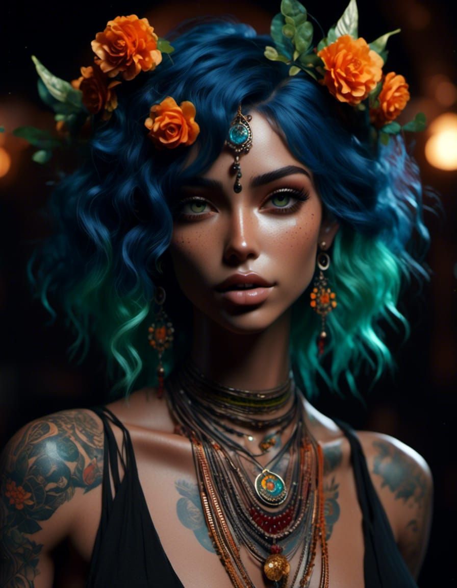 Dancing Tattooed Boho Goddess in Hyperrealism