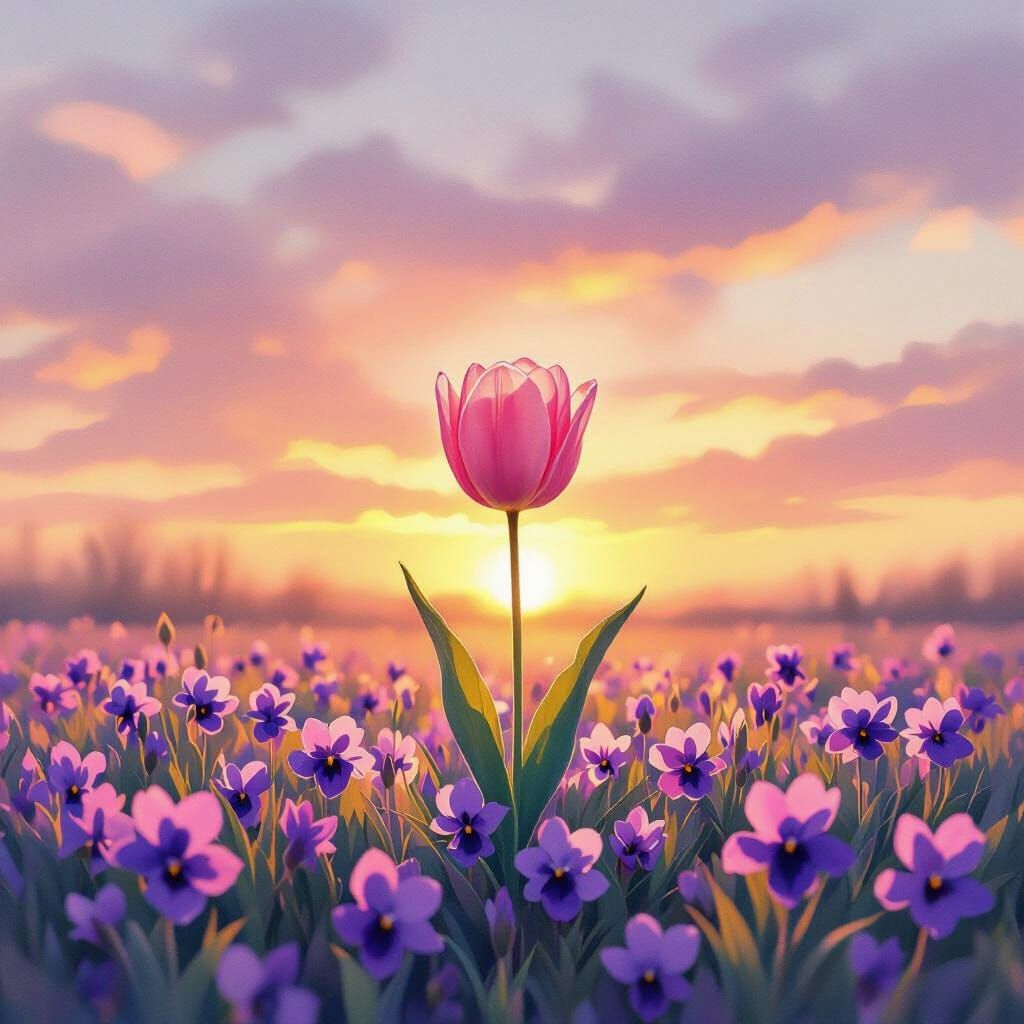 Pink Tulip Amidst Violets at Sunrise Watercolor