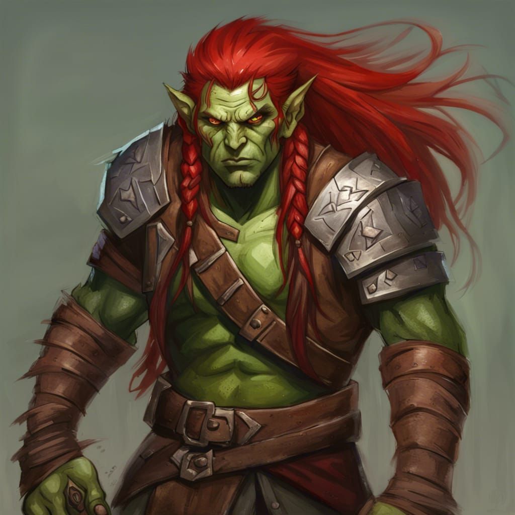 Half-Orc Fighter with Green Skin and Red Hair