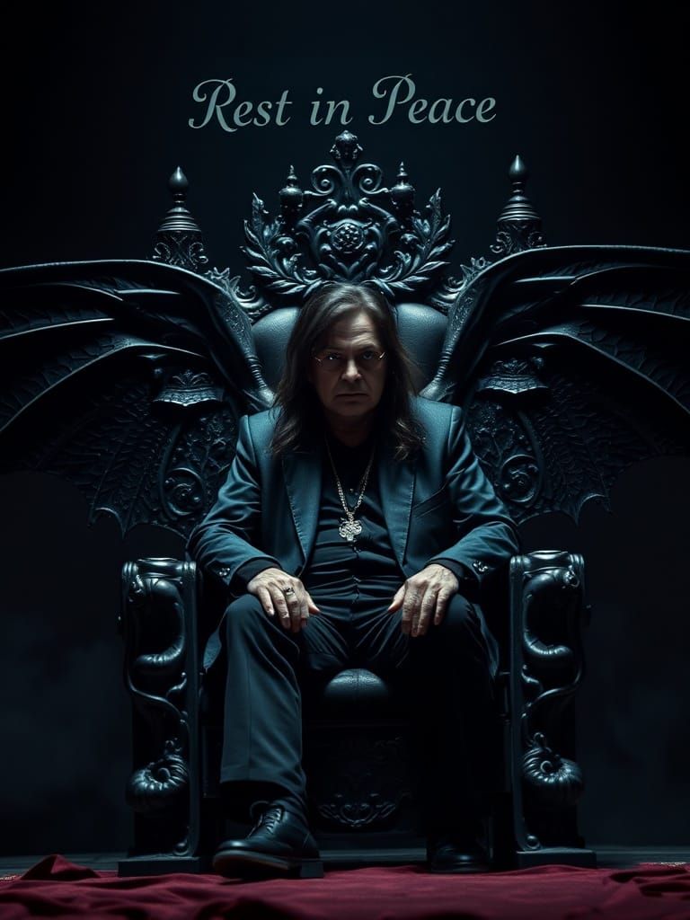 Ozzy on Black Throne with Bat Wings, Photorealistic 8k