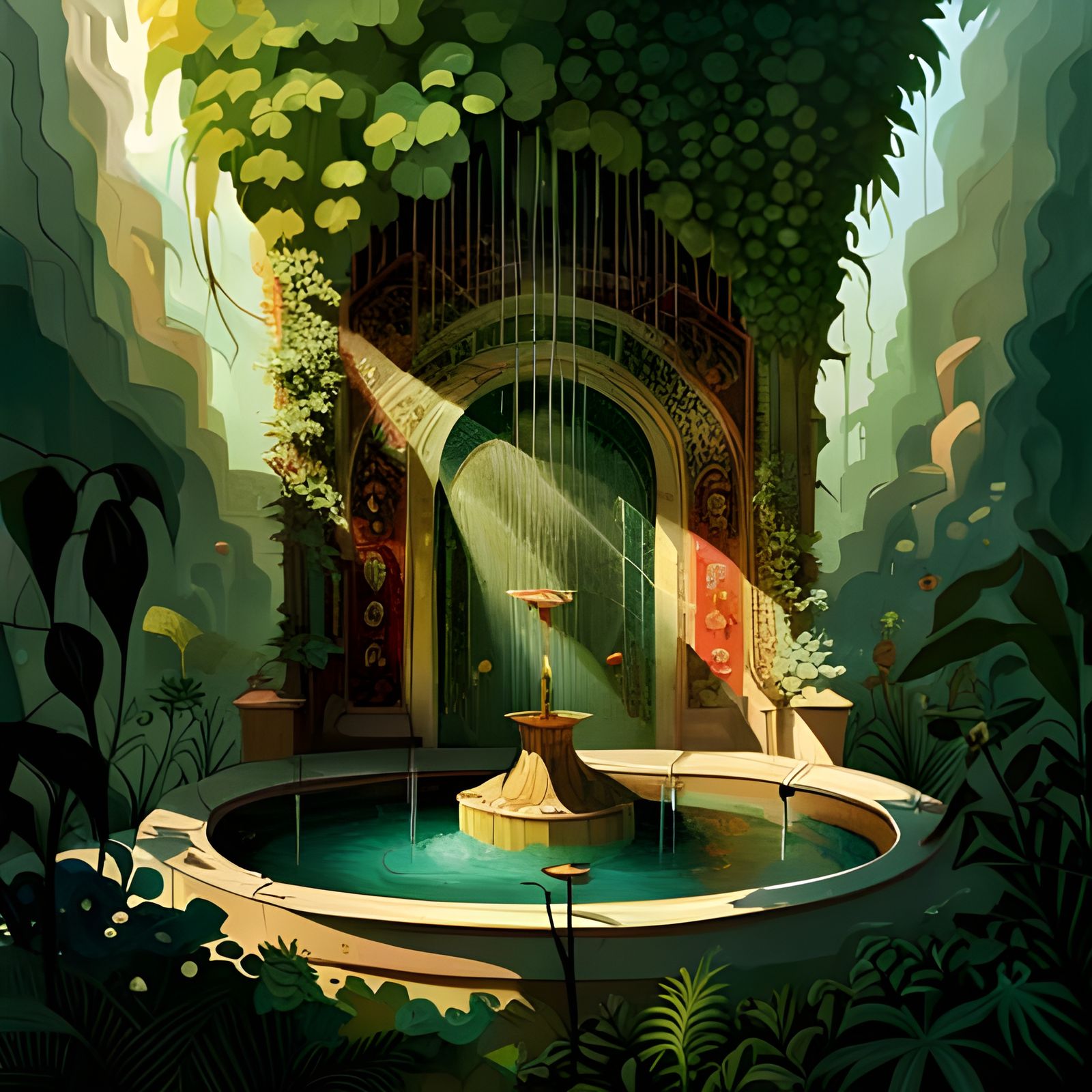 Vines Cover Garden Fountain: Hyper-Detailed Artwork