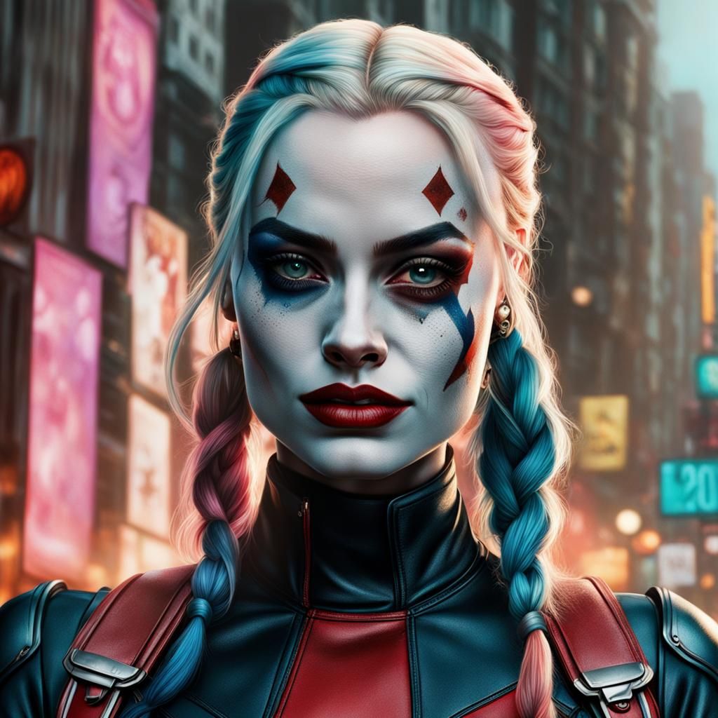 Hyperrealistic Harley Quinn Portrait with Colorful Accents