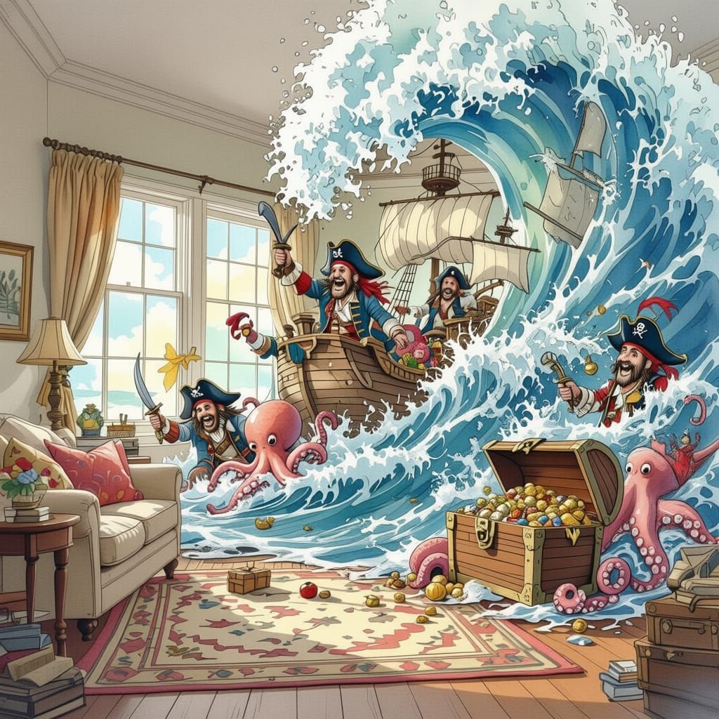 Pirates and Octopus Flood Living Room in Watercolor Style