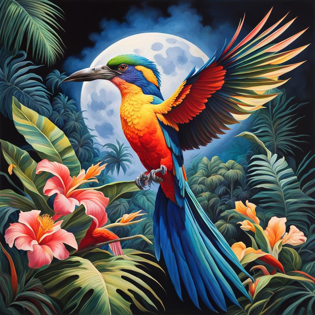 A photorealistic picture of a flashing, energetic tropical bird flying, surrounded by mysterious smoke, past the full mo...