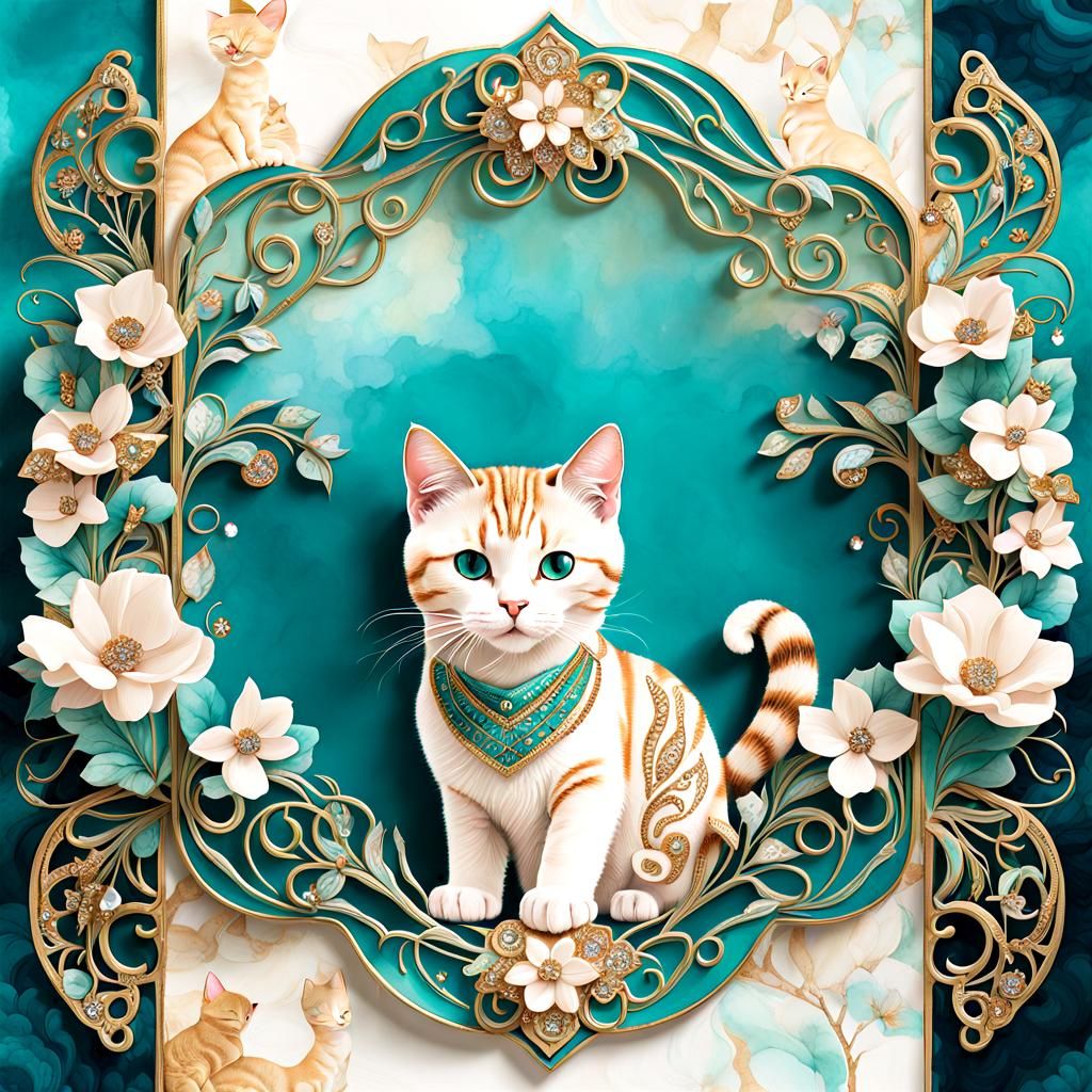 Word Art: Cats on Teal Watercolor with Filigree