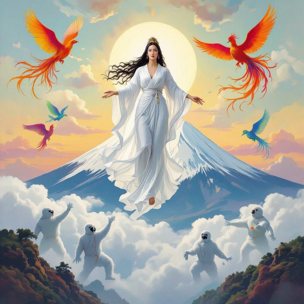 Goddess Above Mount Fuji in Surrealist Style