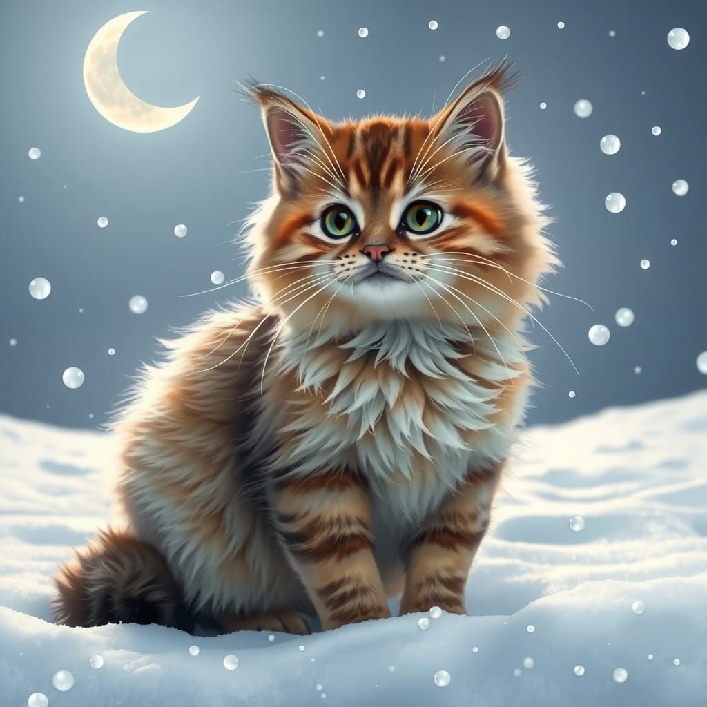 Serene Winter Scene with Adorable Cat Under Waning Moon