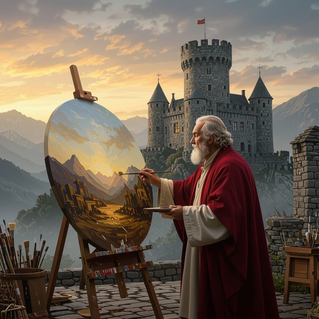 Old Man Painting Under Twilight Sky in Old Master Style