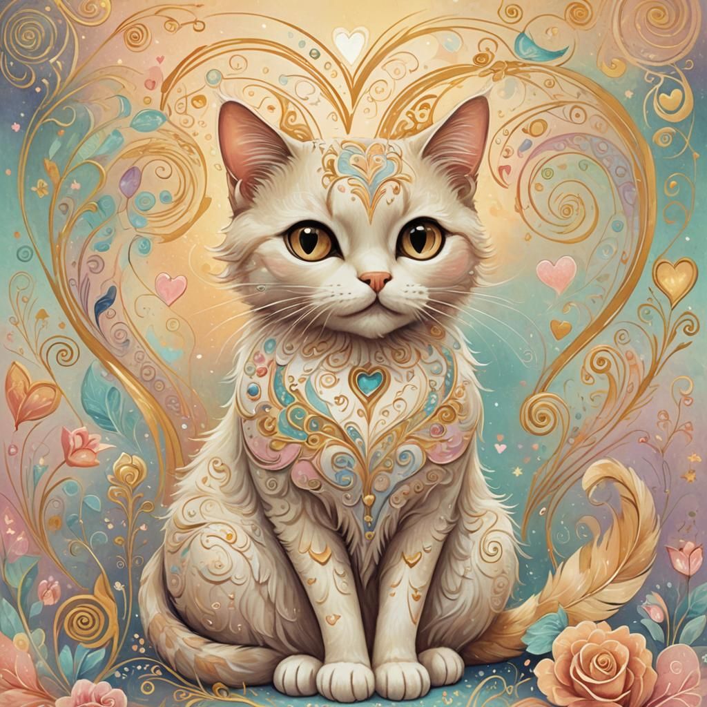 Whimsical Cat, Heart, and Bod Fantasy Illustration