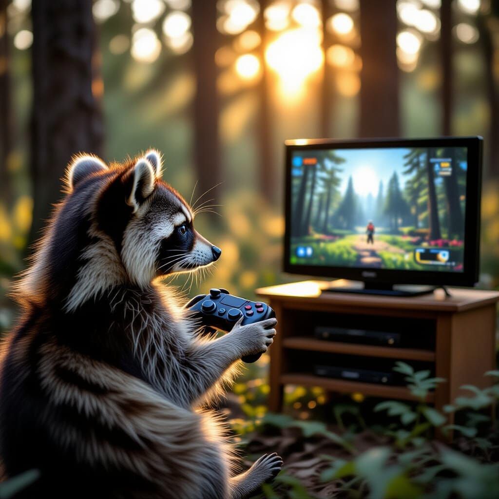 Raccoon Plays Video Games in Forest, Golden Hour Glow