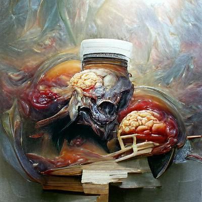 Infected Brain in Skull Oil Painting