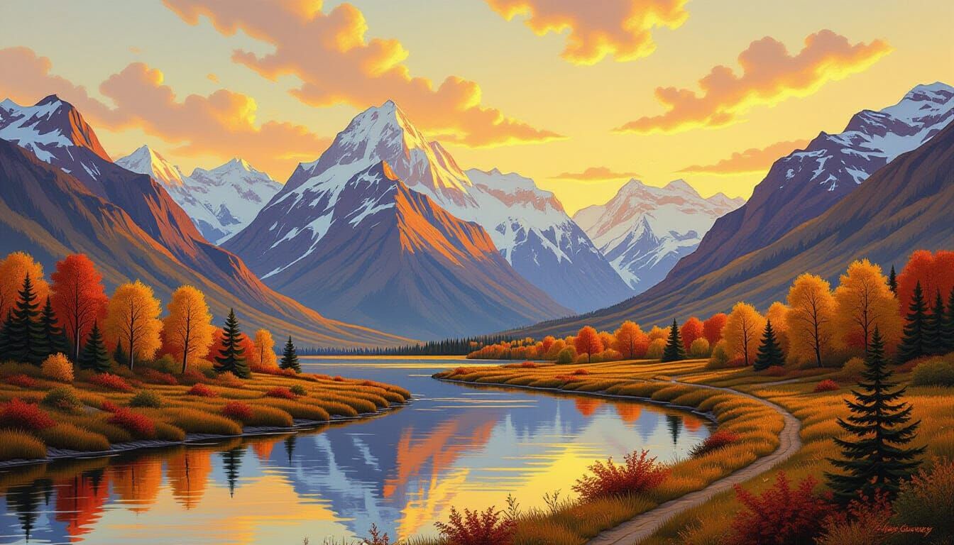 Golden Autumn Mountain River Oil Painting