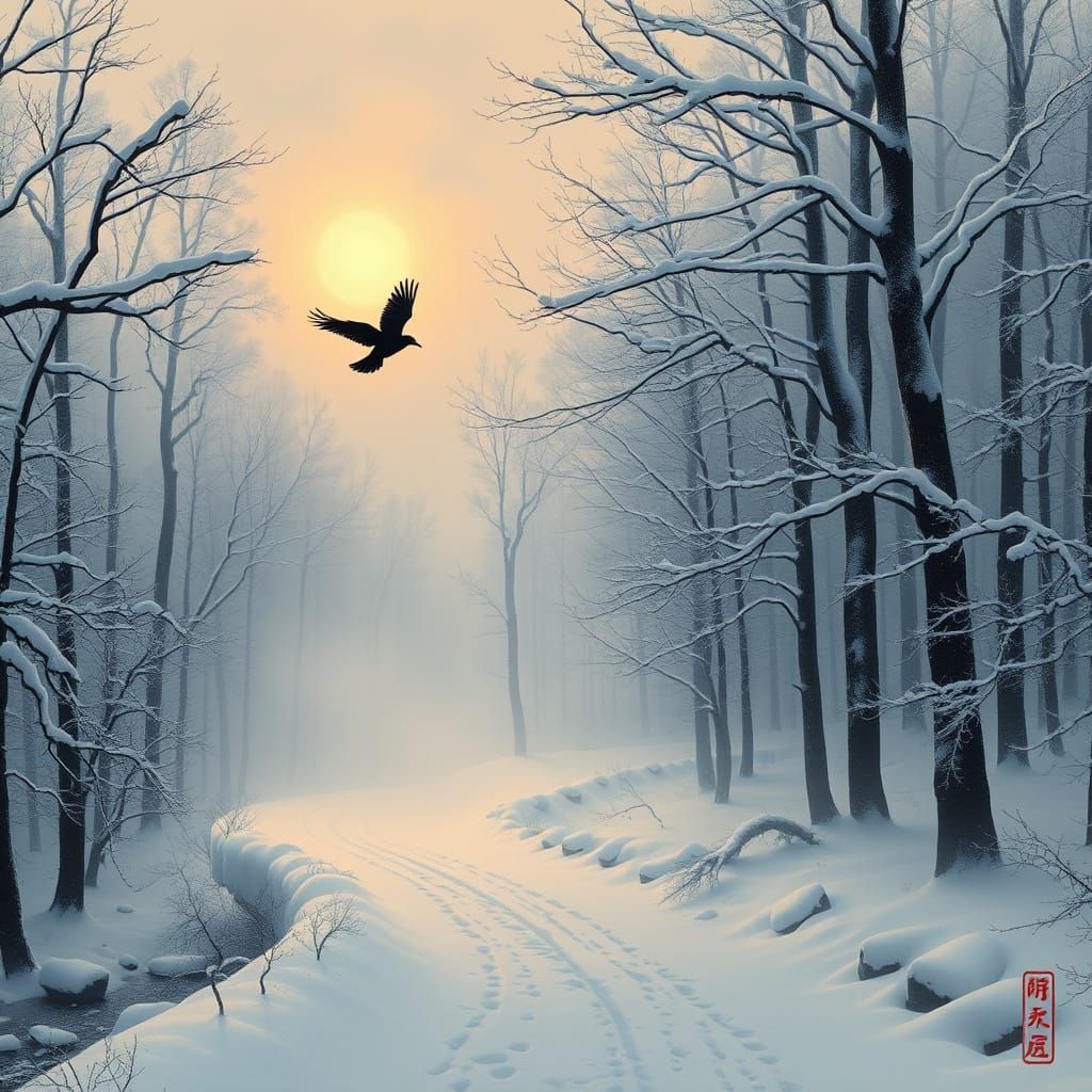 Serene Winter Forest in Nihonga Style